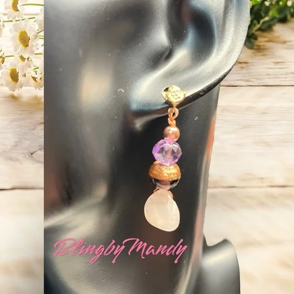 💋🎀genuine Rose quartz and murano glass earrings with roses -NWT - Picture 6 of 6